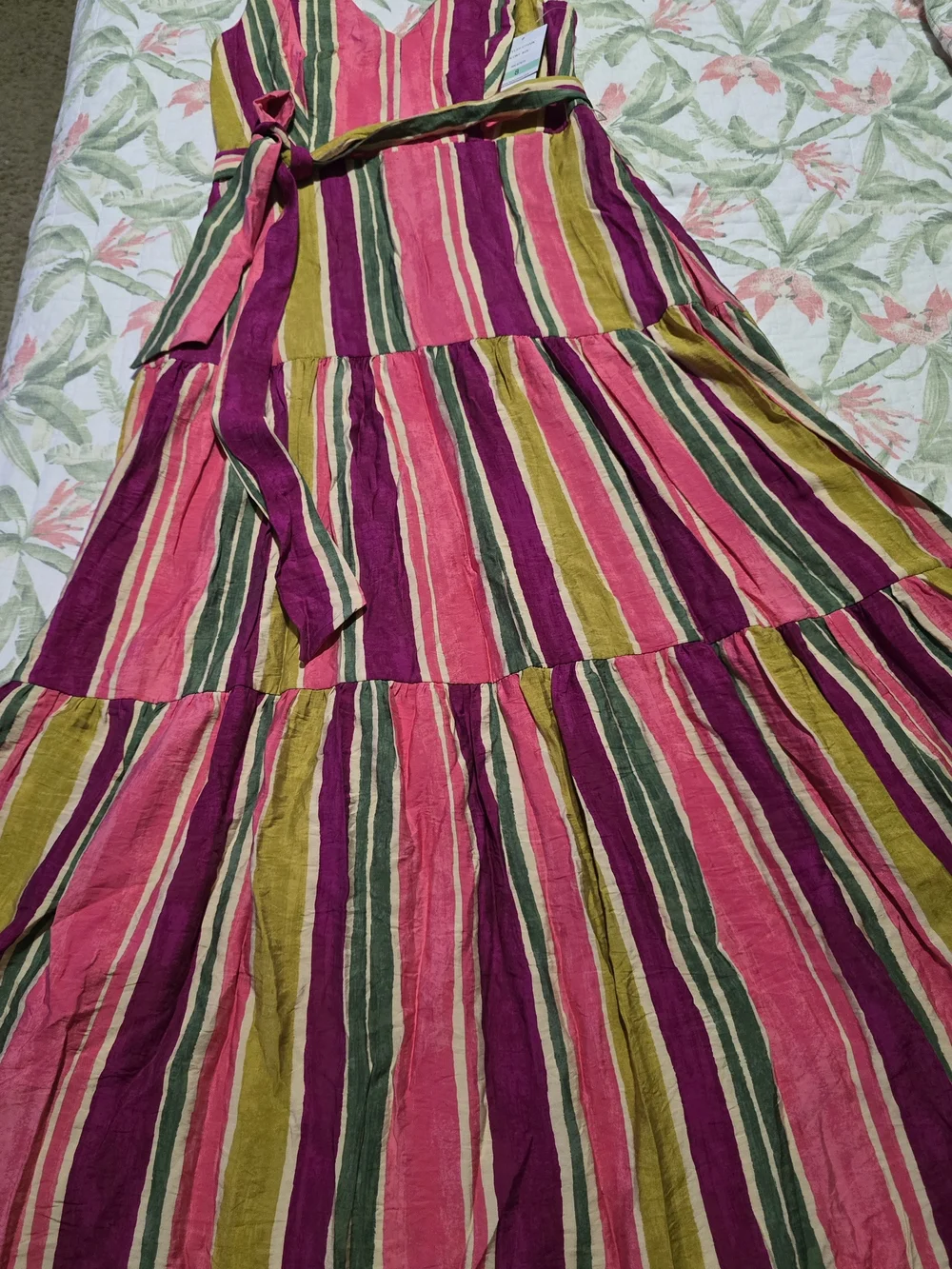 Taylor Pink, Green & Yellow Striped Tiered Maxi Dress with Waist Tie - Picture 2 of 12